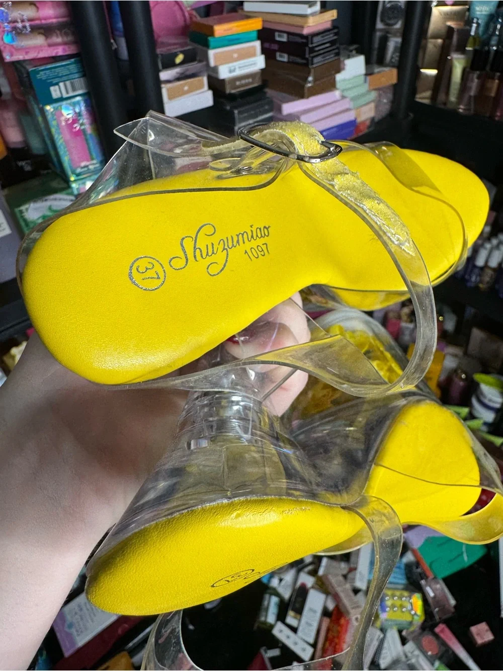 Clear Platform Heels with Yellow Insole and Floral Accent